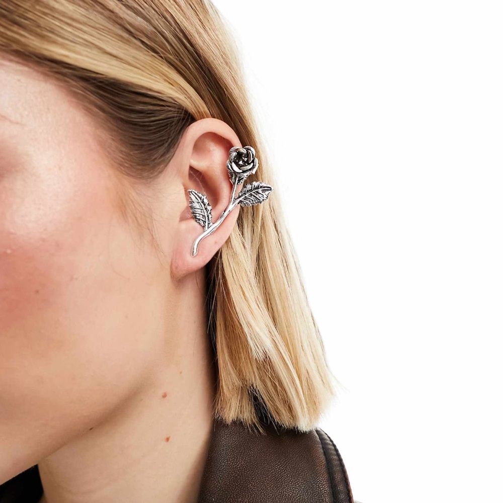 Reclaimed Vintage unisex rose ear cuff in silver
